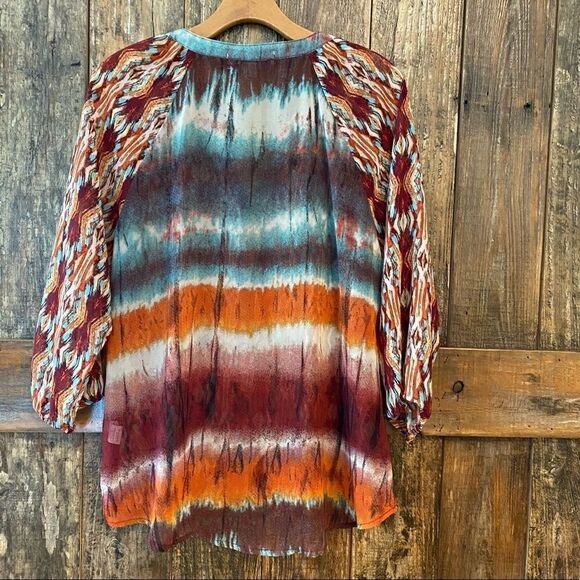 Figueroa & Flower M Turquoise Orange Aztec Ornate Design BOHO Flowy Light Blouse - Picture 4 of 11
